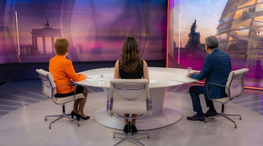 Interview im Fernsehstudio — Kameras, Mikrofon und LED-Hintergrund (Studio-Moment)